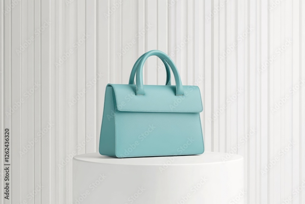 Poster Elegant turquoise handbag displayed on a pedestal against a minimalist backdrop in a well-lit studio environment