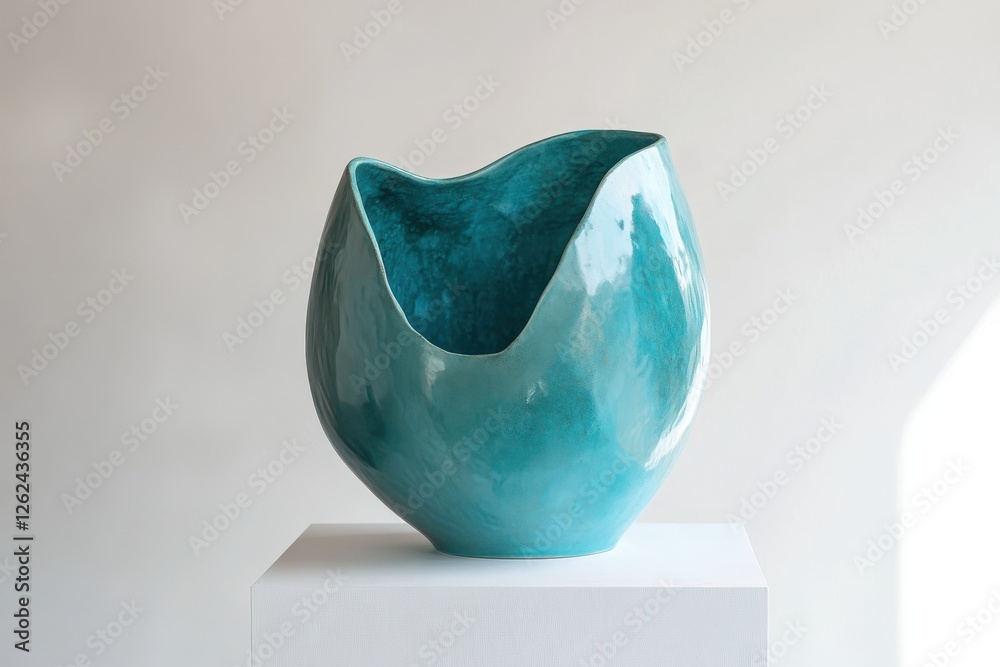 Poster unique turquoise ceramic vase displayed on pedestal in art gallery setting with minimalist backgroun