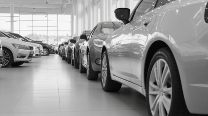 Showroom Cars, Dealership Interior, Rows of Vehicles, Sale, Transportation