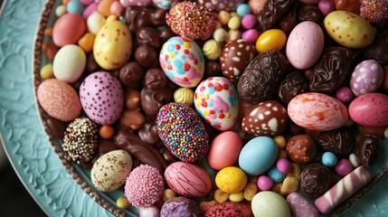 Fototapeta premium Vibrant Assortment of Chocolate Eggs in Diverse Colors and Textures