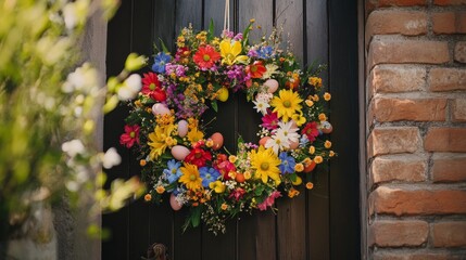 Naklejka premium Vibrant Spring Flower Wreath for Easter Door Decor