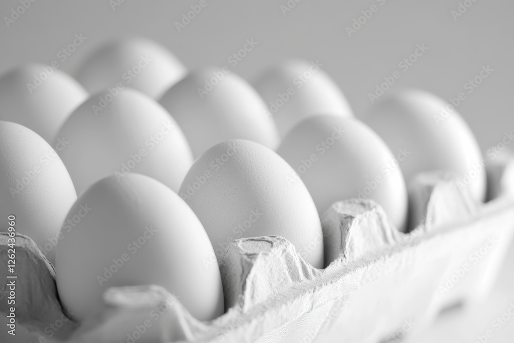 Poster Fresh white eggs in a cardboard carton arranged in a neat row on a light background