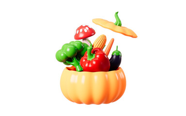 Cartoon pumpkin shaped basket and various vegetables on the yellow background, 3d rendering.
