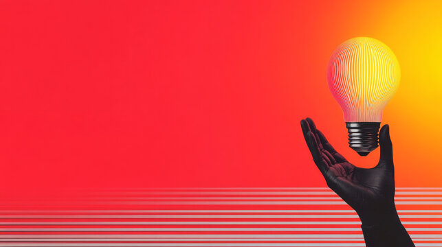 A playful design with a sleek hand gripping a futuristically lit bulb, fluorescent pulses dancing