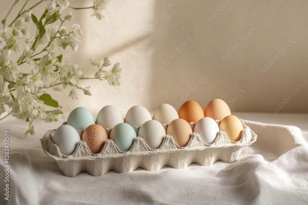 Poster colorful assortment of eggs arranged in carton with delicate flowers on soft fabric