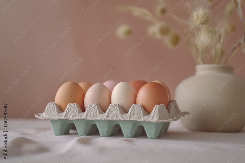 Poster display of fresh eggs in an egg carton with a soft pastel background and decorative vase