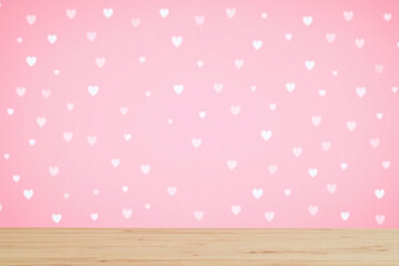 Pink bg with white heart pattern empty wooden table romantic mood