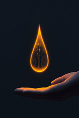 A stylized vignette of a luminous drop floating in slow-motion above a palm, pulsating in sync with