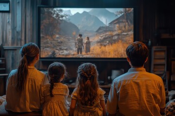 Family enjoys movie night at home with children on cozy evening