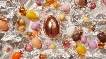 Shiny Foil-Wrapped Assorted Chocolate Eggs on Bright Background