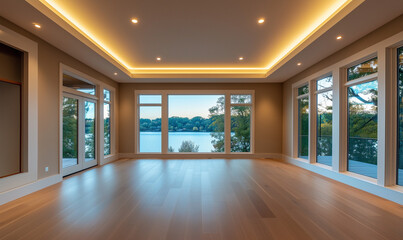 Fototapeta premium Peaceful retreat room with soft wood floors, expansive windows, and cozy, welcoming atmosphere for relaxation