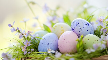 Fototapeta premium Close-Up of a Basket Filled with Brightly Colored Easter Eggs