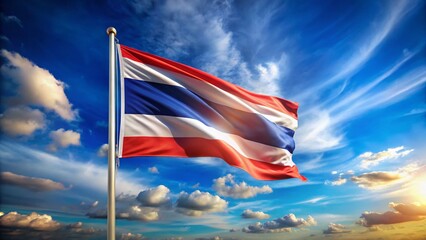 Obraz premium Thailand Flag, Blue Sky, Long Exposure, National Symbol, Patriotism, Waving Flag, Asian Pride, Freedom, National Day