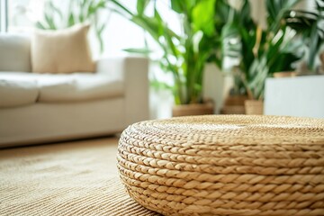 Fototapeta premium Woven Round Coffee Table in a Modern Living Room with Plants