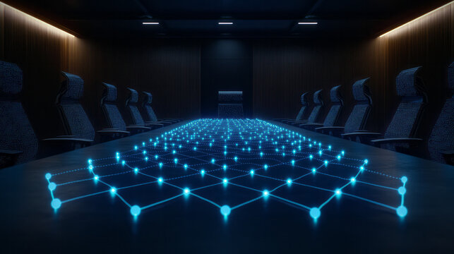 A modern, minimalist office background framing a table with luminescent network paths, each node