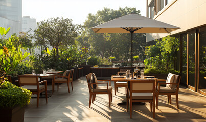 Fototapeta premium Quiet rooftop terrace with sweeping windows offering stunning city views and peaceful outdoor space