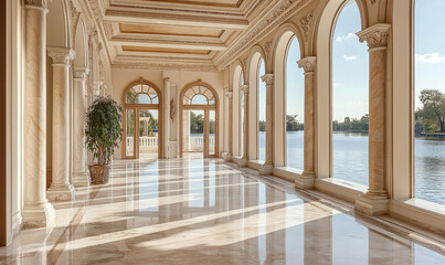 Obraz premium Spacious hallway with elegant marble floors and large windows, showcasing sophistication and timeless luxury