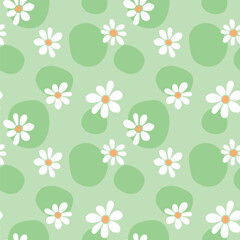 Vector floral daisies seamless pattern in flat style. Cute background, texture for wrapping paper, fabric, holidays or kids design. Topic of blooming nature, summer