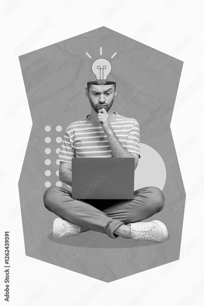 Poster banner collage of guy use netbook search alternative electric web connection during blackout russian