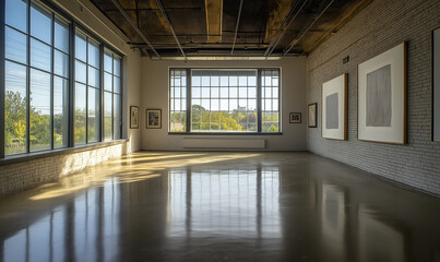 Spacious gallery with expansive windows providing stunning natural light and an elegant display of art