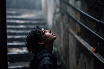 Person gazing upward while standing on a staircase during rain in an urban setting