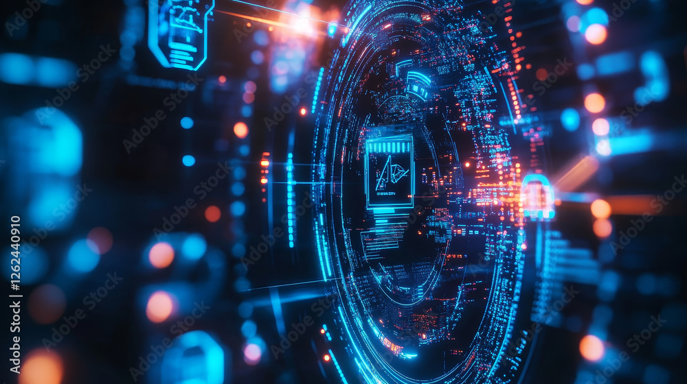 Poster circular futuristic digital hud elements, sci fi ui interface. vector blue neon heads up display hol