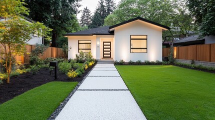 Fototapeta premium Modern house, landscaped yard, evening light, suburban setting, real estate listing