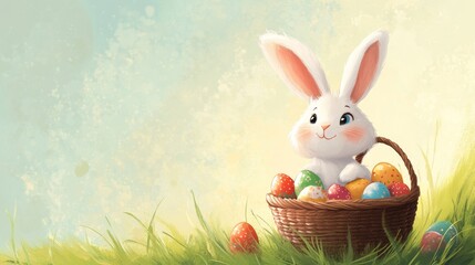 Cute White Bunny Sitting Next to Basket of Colorful Eggs