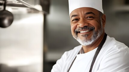 Smiling vendor in uniform, exuding warmth and professionalism in a simple portrait
