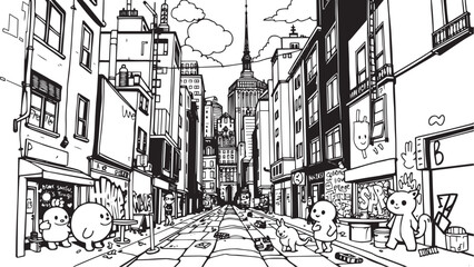 City landscape. Different buildings on street, outline cityscape hand sketch, flat houses. Hand drawn vector illustration