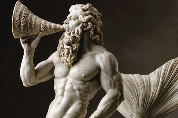 The sea god Triton, the son of Neptune (Poseidon) holding a large sea shell in his hand, with which he caused storms at sea. Ancient mythology. Fragment of a marble statue.