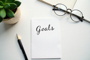 Planning for Success A Simple Workspace with Goals, Pen, Eyeglasses, and Succulent