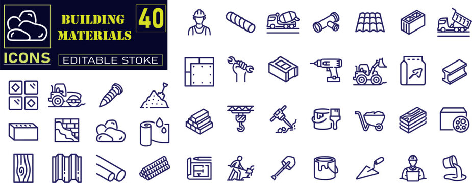 Set of outline icons related to building materials. Repair, Renovation, Work Tools, Materials .