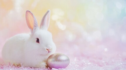 Cute White Bunny with Colorful Ornament on Soft Background