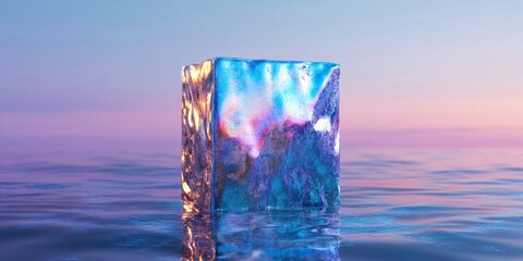 Ice Cube in Vibrant Colors Floating on Calm Water Surface at Sunset