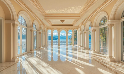 Fototapeta premium Spacious hallway with elegant marble floors and large windows, offering natural light and luxury