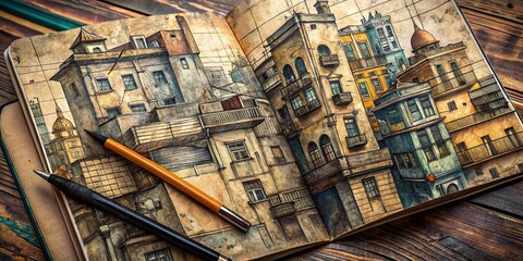 Fototapeta premium Urban Exploration Sketchbook: Repeating Pattern Background Detailed Drawing Journal Page Stock Photo
