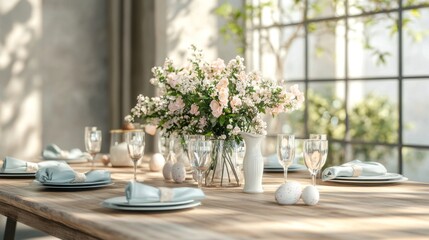 Fototapeta premium Cozy Wooden Table Setting with Flowers for an Inviting Atmosphere