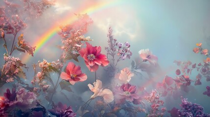 A vibrant meadow filled with colorful flowers and a soft rainbow in a dreamy atmosphere, evoking a sense of peace and beauty.