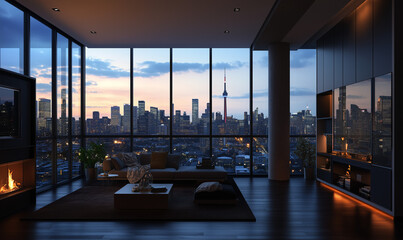 Open-concept living area with dark hardwood floors, large windows, and modern furniture for elegant design