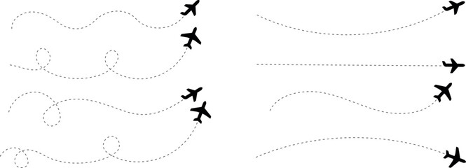 A set of airplane silhouettes with dotted flight paths, representing travel routes and aviation movement. Perfect for flight-related designs, trip planning concepts, and air travel graphics