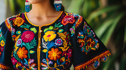 Obraz premium A woman in a traditional Mexican huipil, representing Mexican cultural pride and spiritual significance with vibrant embroidery and colorful designs.