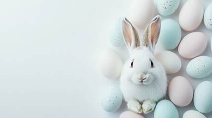 Obraz premium Happy Bunny Surrounded by Bright Pastel Easter Eggs on White Background