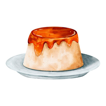 watercolor caramel flan on plate clip art preview