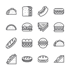 A set of food icons including sandwiches, hot dogs, and sub sandwiches