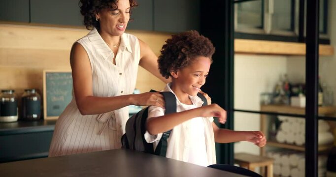 Morning, home and mom with backpack for child to prepare for back to school, first day and lesson. Family, house and happy mother with bag for kid for education, learning and classroom in house