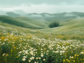 Soft Dreamy Easter Morning Landscape Filled With Wildflowers and Rolling Hills Under a Misty Sky