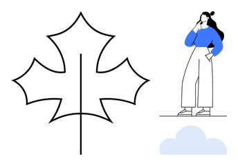 Woman in blue-and-white attire in thought, minimalist maple leaf outline and cloud. Ideal for nature, contemplation, simplicity, modern art, eco-friendliness, mindfulness seasonal changes. Abstract