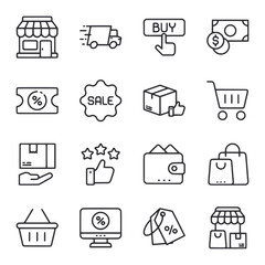 A set of shopping icons including a store, a shopping cart, a box, a wallet