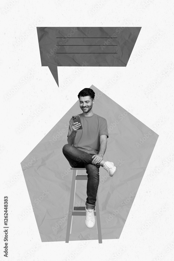 Poster creative magazine collage image of happy smiling guy chatting twitter telegram facebook empty space 